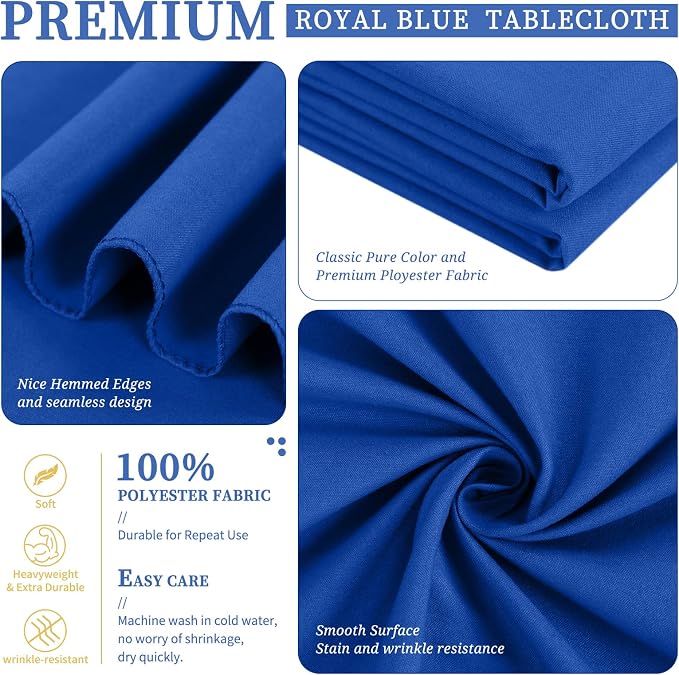 Showgeous 4 Pack Royal Blue Polyester 60x126 Inch Tablecloths | Soft polyester, wrinkle resistant, fade resistant, smooth finish, fine stitching, folded hems, reusable, machine washable - Image 4
