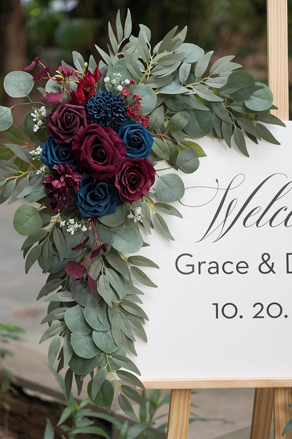 Olalaka Navy and Burgundy Flower for Wedding Welcome Signs Decorations, Artificial Burgundy Wedding Arch Flowers for Wedding Ceremony (Set of 2) - Image 4