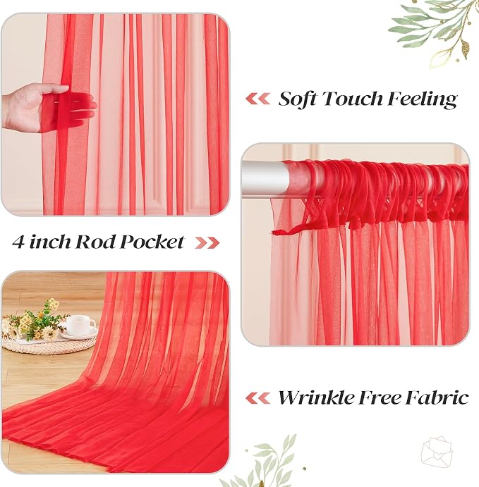 10ft x 8ft Red Backdrop Curtain with Lights String for Parties, Sheer Tulle Wedding Photo Backdrops Drapes for Baby Shower Birthday Party Decorations Background for Photography - Image 4