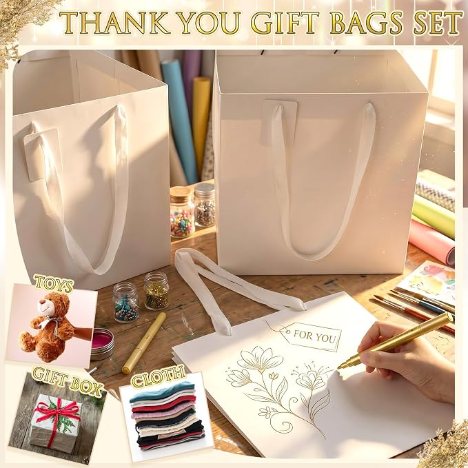 Windyun 25 Pcs Square Paper Gift Bags with Handle 12 x 12 x 12'' Large Favor Bag Bulk with DIY Thank You Tag for Wedding Bridal Shower Graduation Bridesmaid Birthday Party (White) - Image 5