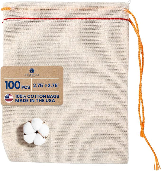 Celestial Gifts Small Cotton Muslin Drawstring Bags, 100 Pcs, 2.75x3.75 | Reusable Cotton Muslin Tea, Jewelry, Gift, Spice & Sachet Bags, 100% Cotton, Made in USA, Red Hem & Orange Drawstring Cords by CelestialGifts