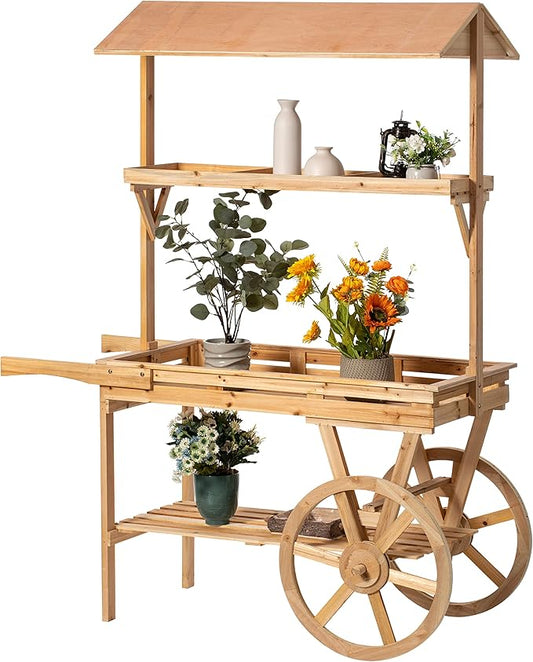 Vintiquewise Large Wooden 3 Tier Rolling Table Cart with 2 Wheels for Home Decor Modern Wagon with Shelves for Display Rack, Coffee Station, Food Stand, Beverage Bar, and Tea Stall