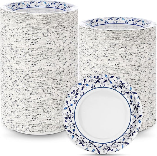 FillTouch 200 Pack 7 Inch Disposable Paper Plates for Everyday Use Soak Proof Heavy Duty Small Paper Plates for Dinner Picnic, Cut Proof Plate for Holiday Party Family Gatherings (Blue Leaves) by FillTouch