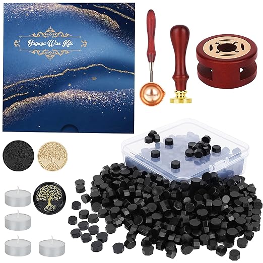 Wax Seal Stamp Kit - 357Pc Set with Wax Beads, Stamp, Warmer, Spoon, Candles for Vintage Envelopes & Letters (Black)