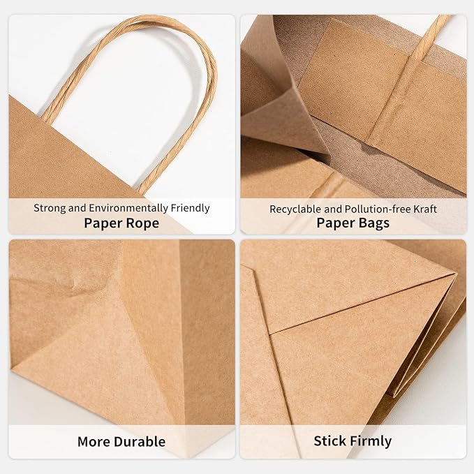 RACETOP 100 Pack Brown Kraft Gift Paper Bags with Handles 8x4.5x10.8 in | Recycled Paper, Reinforced Handles, for Retail, Party, Shopping, Favors, Gift Bags, Gift Giving, Eco-Friendly - Image 2
