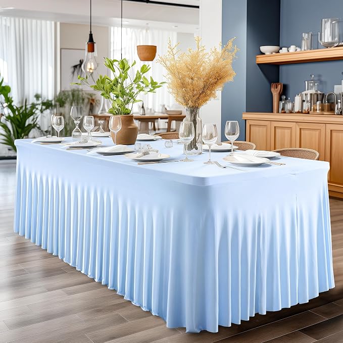1 Pack Baby Blue Tableclothes for 8 Foot Rectangle Tables, One-Piece Wrinkle Resistant Stretch Spandex Table Covers with Skirt for Event Banquet Wedding Birthday Party - Image 4
