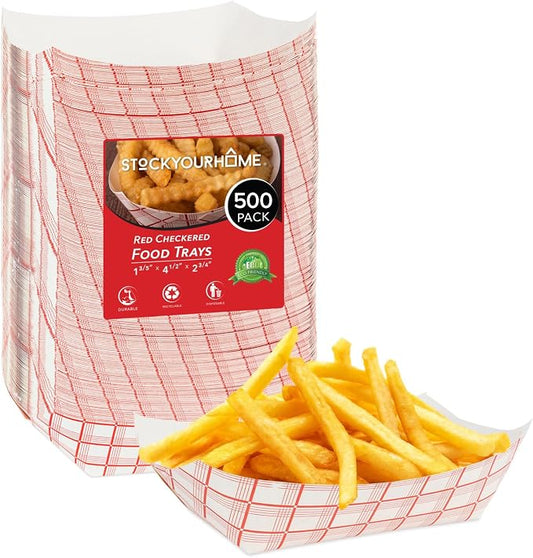 500 Pack 2 Lb Disposable Red & White Checkered Paper Trays, Eco Friendly Serving Boats for Concession Food & Condiments, Nacho Trays by StockYourHome