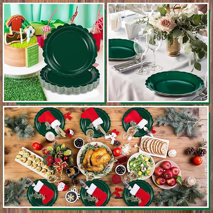 30 Pcs Dark Green Plates 9 Inch Scalloped Green Paper Plates Disposable Dessert Dinner Plate for Wedding, Master Party, Bridal Baby Shower