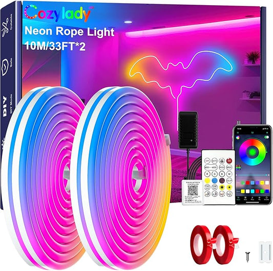 Cozylady 66Ft (33Ft * 2 Rolls) RGB LED Neon Rope Lights for Bedroom, 20m LED Strip Lamp with Double Sided Adhesive Tape, App/Remote Control DIY Lights Decorate The Outdoor and Indoor of Your Home