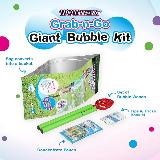 WOWmazing Grab-N-Go Kit: Incl. Wand, Jumbo Bubble Concentrate, Bucket, and Tips & Trick Booklet | Outdoor Toy for Kids, Boys, Girls | Bubbles Made in The USA