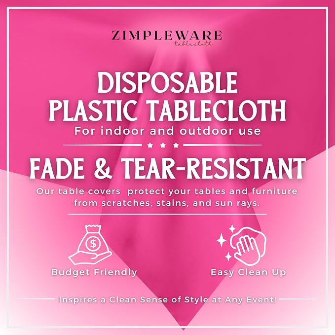 ZIMPLEWARE Premium Hot Pink Plastic Table Cloth Disposable (12 Pk) Plastic Tablecloths for Rectangle Tables (54in x 108in) Party Table Cloths Disposable for 6ft to 8ft Rectangle Tables - Image 2