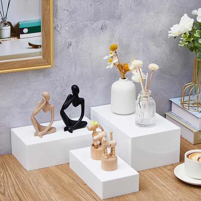 Sintuff 5 Pcs Buffet Risers and Display Stand 8" 9" 10" 11" 12" Large Acrylic Dessert Cupcake Table Stand Set White Food Display Cube for Jewelry Figure Show Decor Box Nesting Riser with Hollow Bottom - Image 4