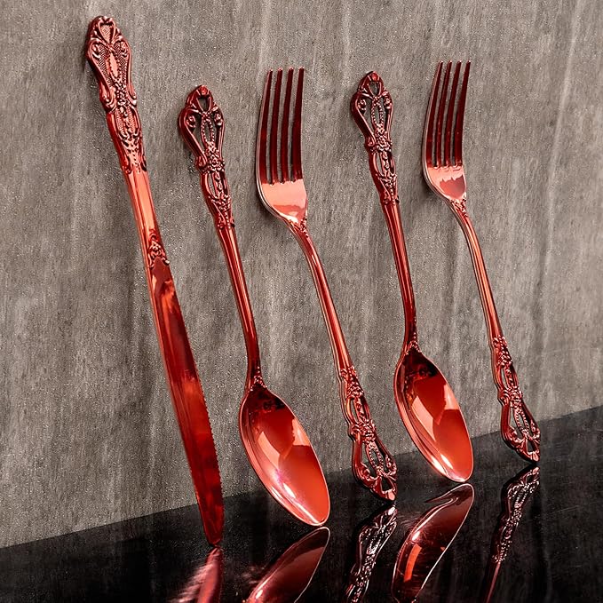 150PCS Red Plastic Silverware - Elegant Disposable Utensils - Heavy Duty Vintage Red Cutlery Sets Includes 50Forks, 50Spoons, 50Knives for Catering Dinner Party Wedding