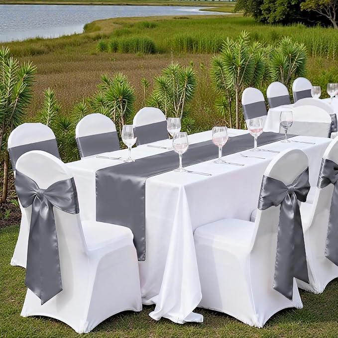 VDS Pack of 20 Satin Table Runners Charmeuse Sateen Silk Centerpiece Cloth Linen for Wedding Birthday Graduation Engagement Ceremony Event Party Banquet Table Decoration (12x108 inch)(Silver Grey) - Image 2
