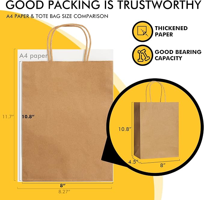 RACETOP 100 Pack Brown Kraft Gift Paper Bags with Handles 8x4.5x10.8 in | Recycled Paper, Reinforced Handles, for Retail, Party, Shopping, Favors, Gift Bags, Gift Giving, Eco-Friendly - Image 3