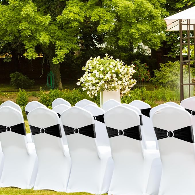 Black Chair Sashes 25 Pack Spandex Stretch Chair Band Sashes with Buckles for Folding Chairs Wedding Party Reception Baby Shower Events Banquet Decorations - Image 6
