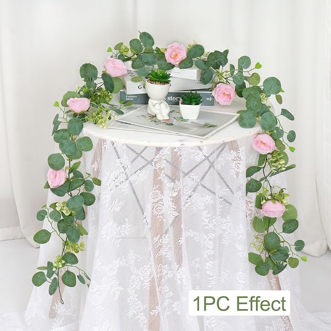 TOCHGREEN 2 Pack 13Ft Artificial Eucalyptus Flower Garland with Pink Roses | Fake Rose Flower Greenery Garland Floral Vines for Wedding Centerpiece Backdrop Home Party Table Runner Valentines Day Decor - Image 3
