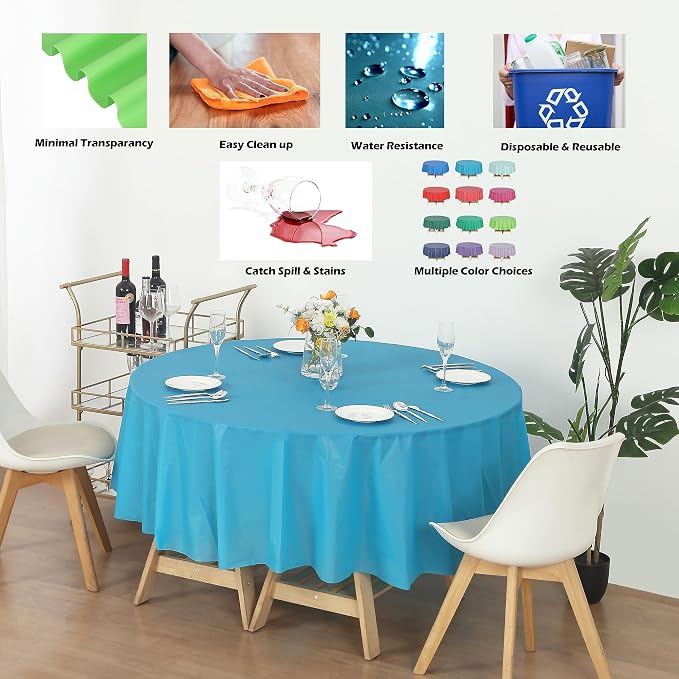 Evershine Case of 72 Pack Bulk Heavy Duty Turquoise Round 84" Plastic Table Covers Tablecloth (Reusable) (Round 84", Turquoise) - Image 2