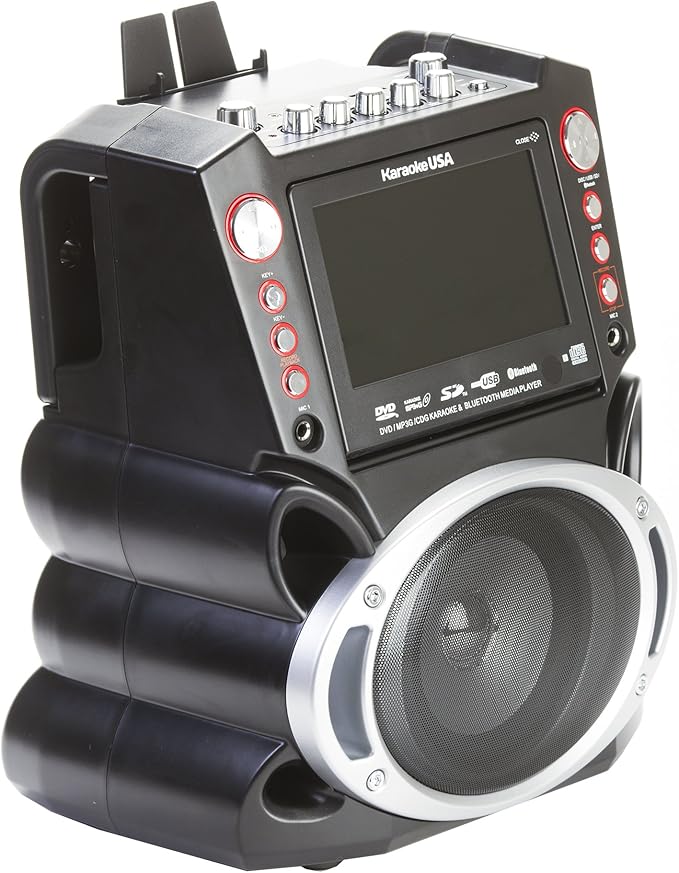 Karaoke USA GF845 Complete Karaoke System with 2 Microphones, Remote Control, 7” Color Display, LED Lights - Works with DVD, Bluetooth, CD, MP3 and All Devices