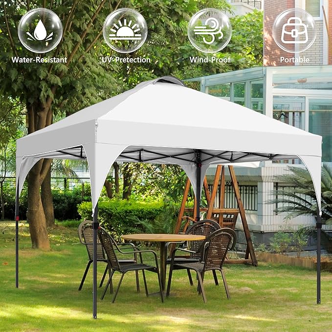GDY 10x10 Pop Up Canopy Tent, Outdoor Gazebo with 4 Sandbags, Easy Up Canopy with 3 Adjustable Heights for Events, Parties, Camping, White.