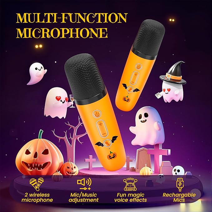 Mini Karaoke Machine for Kids, Halloween Party Supplies & 2025 TOP Toy Gifts Ideas for Girls Boys Ages 4-12, Portable MP3 Player with 2 Wireless Mics for Birthday Christmas Singing Games（Pumpkin）