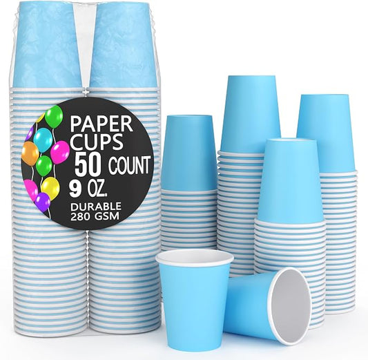 Party Solids Light Blue Paper Cups 9 oz - 50 Disposable Cups for Hot & Cold Drinks - Durable 280 GSM Coffee Tea Tumblers for Parties Events & To Go by PartySolids