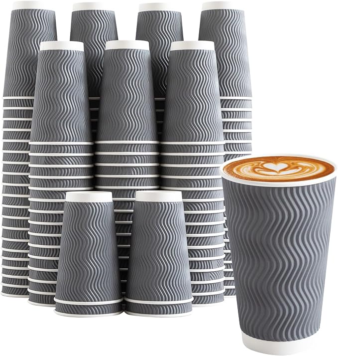 Clawsoff 90 Pack 16 oz Coffee Cups Disposable Insulated Paper Cup Gray | Premium Sturdy Ripple Wall, Ideal For Hot Beverage or Cold Drinks , Office, Home, Cafe, Party, Travel Daily Use by BuyNow