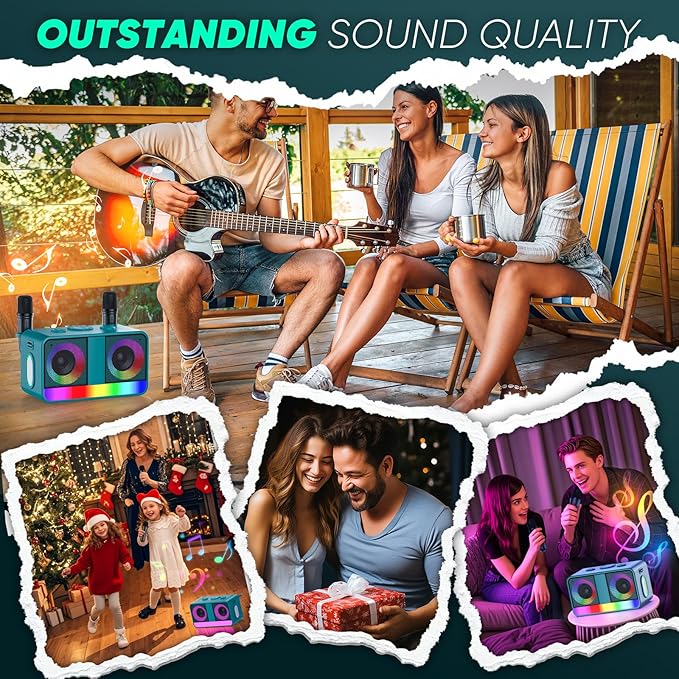 Karaoke Machine,Real 35W Portable Speaker,8H Long Time, 2Rechargeable Wireless Microphones,LED,Karaoke Machine for Adults & Kids,BT/FM/USB/TF/AUX,for Home Party/Outdoors(CHJ171-LightGreen)