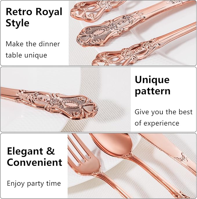 150PCS Rose Gold Plastic Silverware - Heavy Duty Elegant Disposable Utensils - Vintage Rose Gold Cutlery Set Includes 50Forks, 50Spoons, 50Knives for Dinner Parties Weddings