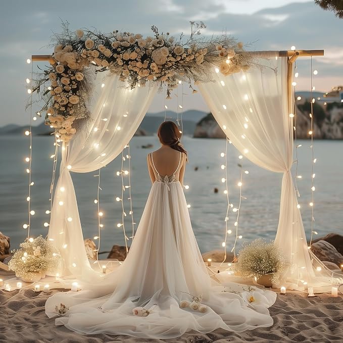 Fomcet Tulle Backdrop Curtains with Lights 10x10ft Sheer Ivory Curtain | Tulle Curtains Backdrop Sheer Backdrop Curtains for Parties Wedding Birthday Baby Shower Photo Shoot Decors(2 Panels 5x10ft) - Image 7