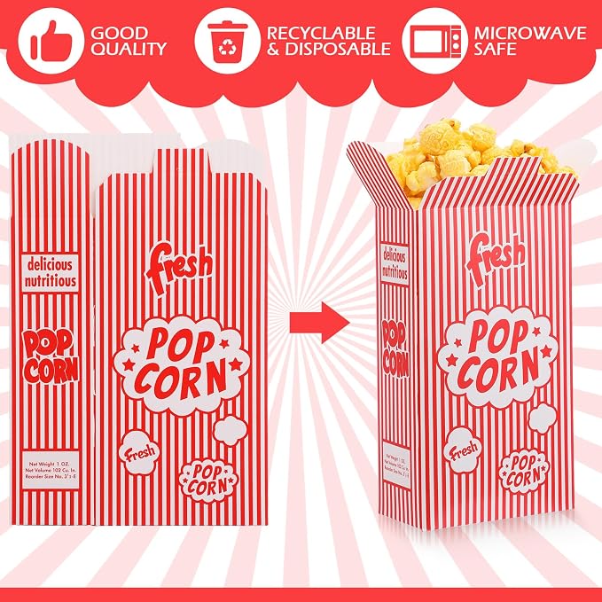Ireer 200 Pcs 1oz Popcorn Boxes Popcorn Containers Bulk Red and White Striped Paper Boxes for Puffed Rice Machine Movie Night Party Theater Carnival Circus Party Supply - Image 3