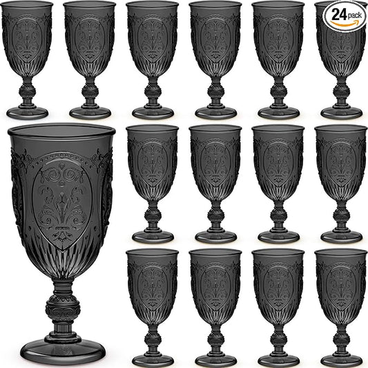 24 Pcs Plastic Goblets 7.5oz Vintage Goblet Plastic Wine Glasses Colored Retro Embossed Water Goblets for Wine Bar Juice Baby Shower Wedding Reception Grand Event Party (Black)