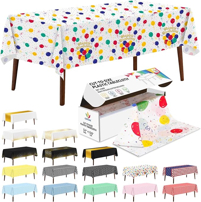 CXPSINC 54 Inch X 100 Feet Plastic Table Cover Roll Disposable Tablecloth with Slide Cutter for All Type/Shape Tables | Party, Banquet, Birthdays, Weddings(Balloon, 100 Feet) by CXPSINC