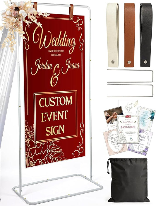 OLEEK Adjustable wedding welcome sign stand - Customizable design bundle for linen sign stand - wedding sign holder - welcome wedding sign - wedding signage with 6 Leather Hanging straps