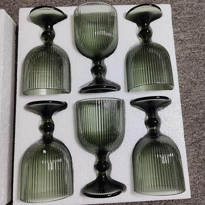Water Goblets set of 6 Vintage Glassware 13 oz Colored Wine Glass Drinking Glass Vertical Line Embossed Pattern Stemmed Cups for Wedding Party Bar Grey