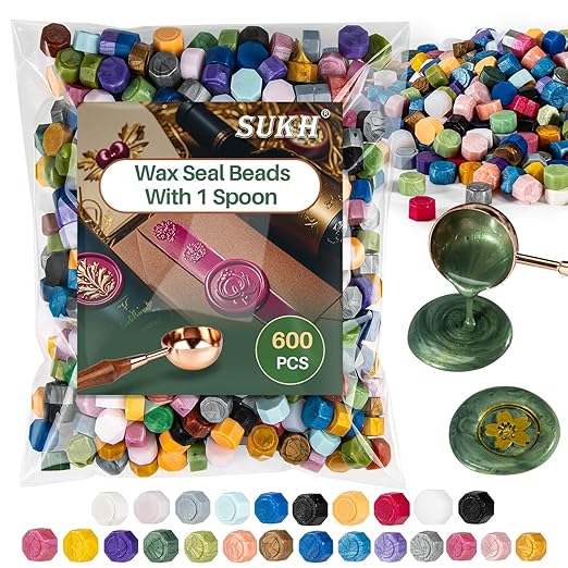 Sukh 600PCS Wax Seal Beads - Sealing Wax Beads for Stamp Seals Letter Melts Kit for Stamps Melting for Sealing Envelopes Wedding Invitation Gift Cards Multi Colors with 1 Spoon
