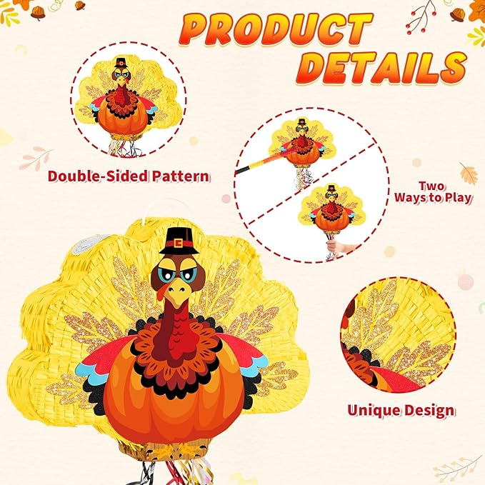WERNNSAI Thanksgiving Turkey Pinata - Fall Autumn Decorations Gentle Turkey Pinata Orange Thanksgiving Party Games Autumn Decorations for Home Fall Festival Party Favors with Blindfold