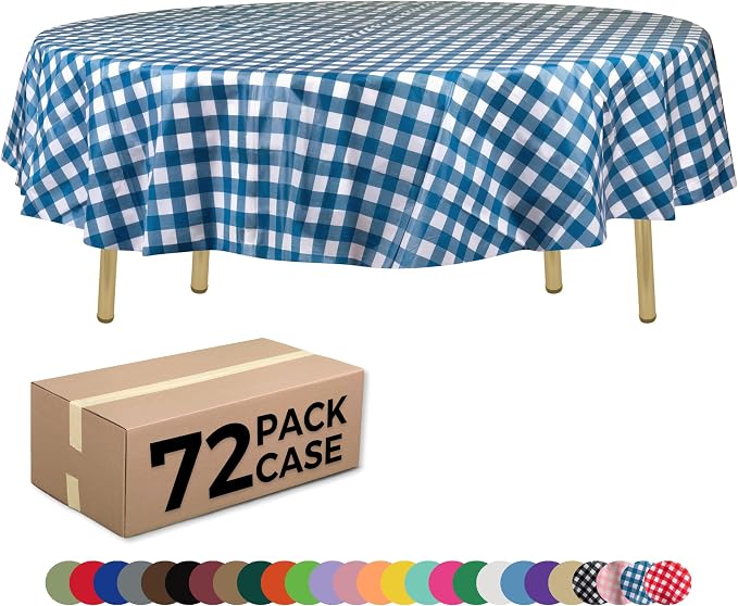 ZIMPLEWARE Blue Gingham Checkered 72 Pack Standard Disposable Plastic Party Picnic Tablecloth 84 Inch. x 84 Inch. Round Table Cover by Zimpleware