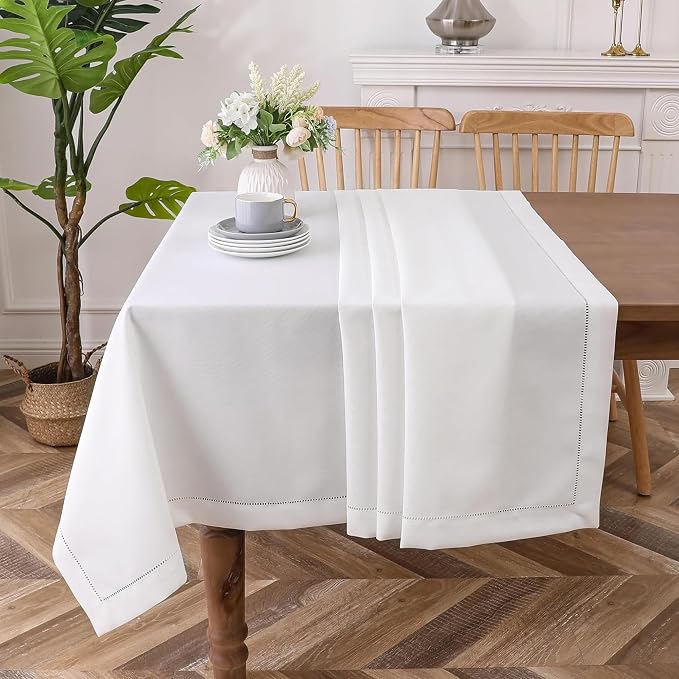Majestic Giftware Linen Look Polyester Tablecloths for Rectangle Tables | (70/200) - TC1551 White with Hole Design Etched at Seam Table Cover | Decorative Washable Tablecloth for Kitchen & Dining by MajesticGiftware