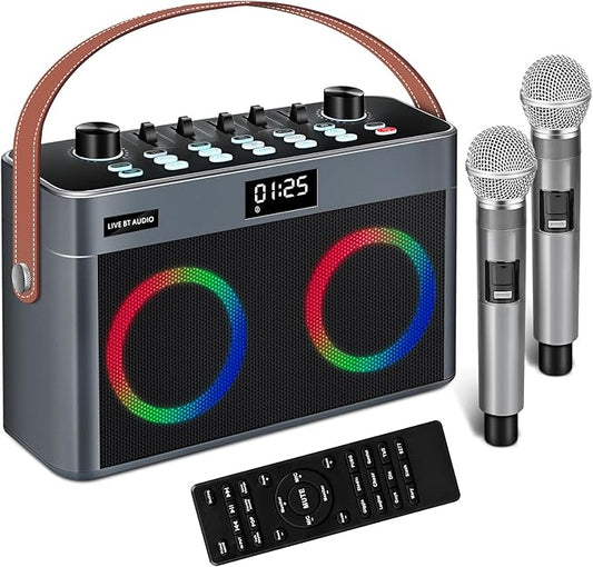 Audio Mixer for Karaoke, Karaoke Machine with 2 Wireless Microphones, Portable Bluetooth Speaker for Adults Home Party, Bass Treble Correction Echo Adjustment, Support USB/TF Card/AUX/Live