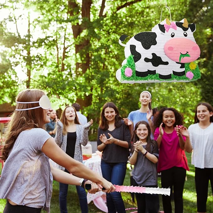 WERNNSAI Dairy Cow Piñata - Farm Animal Party Game Cow Pinata for Girls Birthday Party Decorations Kids Happy Party Favor Supplies with Bat Blindfold, Farm Theme Candy Toys Filler
