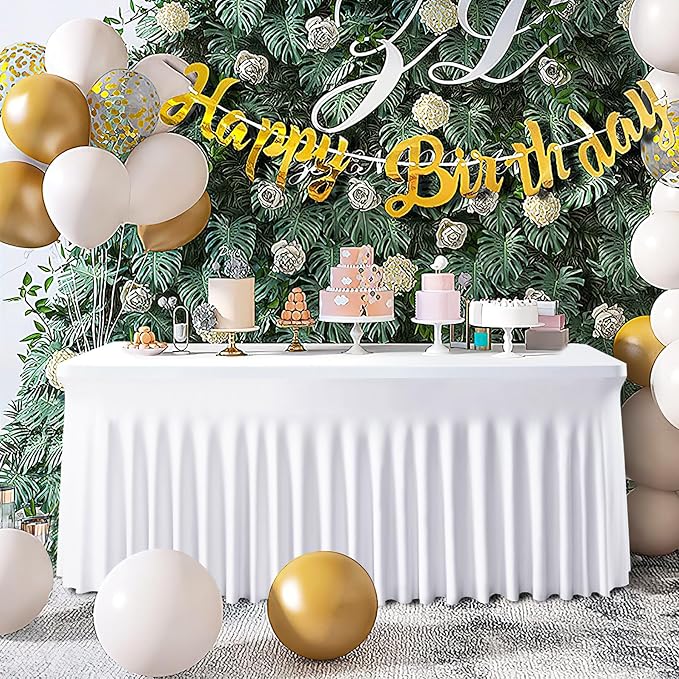 Outpain 2 Pack White Table Clothes for 8 Foot Rectangle Tables, One-Piece Wrinkle Resistant Stretch Spandex Table Covers with Skirt for Event Banquet Wedding Birthday Party - Image 6