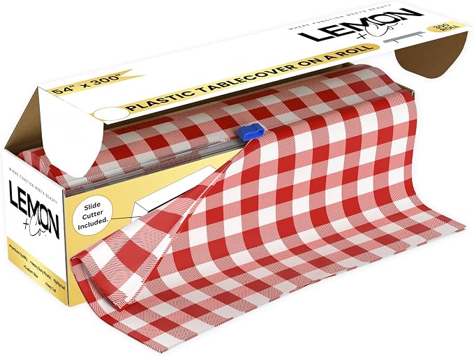 LEMON + Co. Red Gingham Premium Plastic Tablecloth Roll - 54" x300' for Parties with Cutter Box - Cut to Size Rectangle & Round Disposable Tablecloth Plastic Table Cover by LemonCo