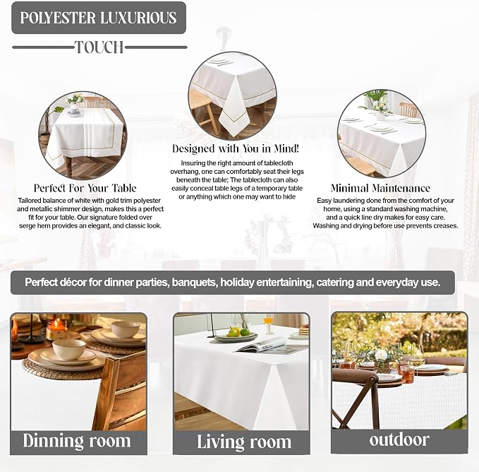 Majestic Giftware Linen Look Polyester Tablecloths for Rectangle Tables | (70/180) - TC1553 White with Gold Trim Design Etched at Seam Table Cover | Decorative Washable Tablecloth for Kitchen & Dining - Image 4