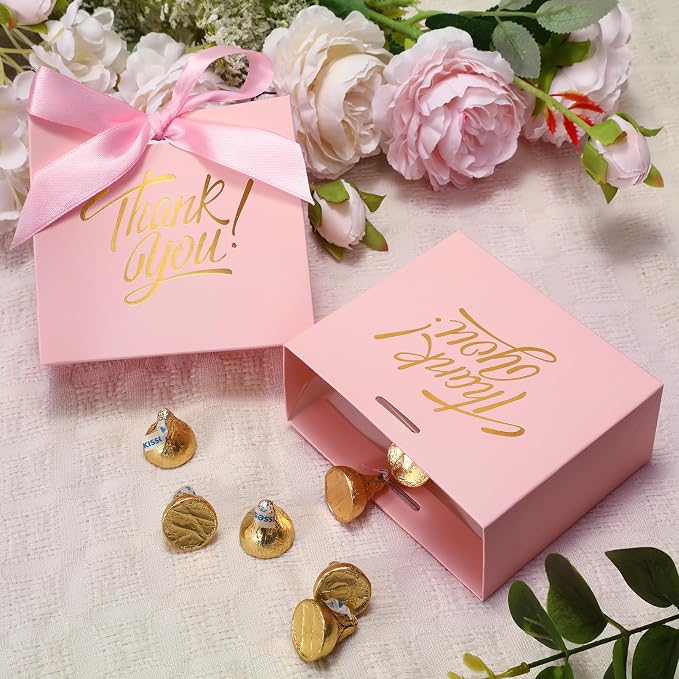DOYIDE 30 Pack Small Thank You Gift Bags, 4.5x1.8x3.9in Party Favor Bags with Bow Ribbon, Mini Paper Gift Bag with Gold Foil Printed, Pink Treat Boxes for Birthday Wedding Bridal Baby Shower - Image 2