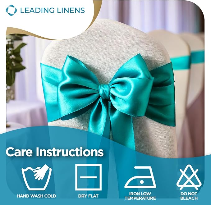 Leading Linens 12 pcs Turquoise 108"x8" Satin Bow Sash Chair Cover Decor | Elegant satin chair bow sashes, perfect for weddings, receptions, banquets, & parties. Reusable & washable. - Image 6