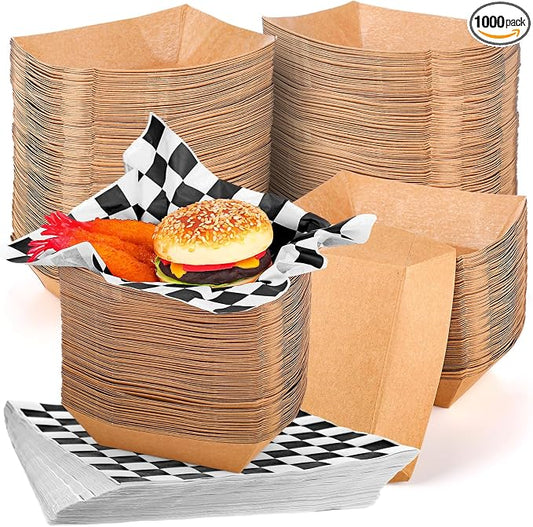 Potchen 1000 Pcs Disposable Paper Food Tray and Grease Proof Deli Liner, 2 lb Coated Paperboard Food Boats Wax Paper Holds Nacho Taco Hot Dog for Picnics Carnivals Birthday(Black and White,Checkered) by Potchen