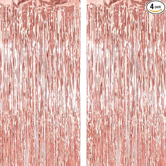 4 Pack Thickened Rose Gold Metallic Foil Fringe Curtains Streamer Rip Resistant Shimmer Tinsel Photo Booth Backdrop for Birthday Wedding Christmas Bachelorette Party Decorations 3.28ft x 6.56ft