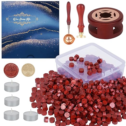 Wax Seal Stamp Kit - 357Pc Set with Wax Beads, Seal Stamp, Warmer, Spoon, Candles - Vintage Envelopes Letters Mailing Crafts Gift (Wine Red)