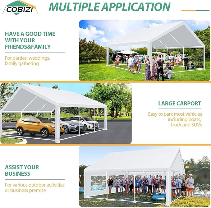 COBIZI 20x20ft Party Tent Heavy Duty for Parties Waterproof, Wedding and Event Canopy & Carport, Carpas para Fiestas with Removable Sidewalls & Built-in Sandbag, UV50+, White(Better Than Galvanized)